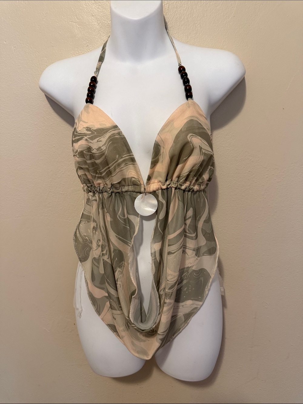 Plunging Halter Blouse in Beige and Olive Marble Print
